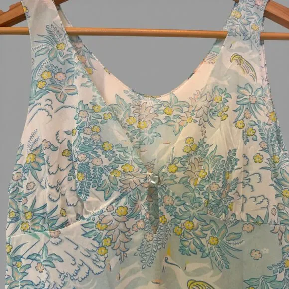 VTG Mistee Nylon Mini Slip Sheer Dress Crane Pattern Psychedelic Fairy Whimsy
